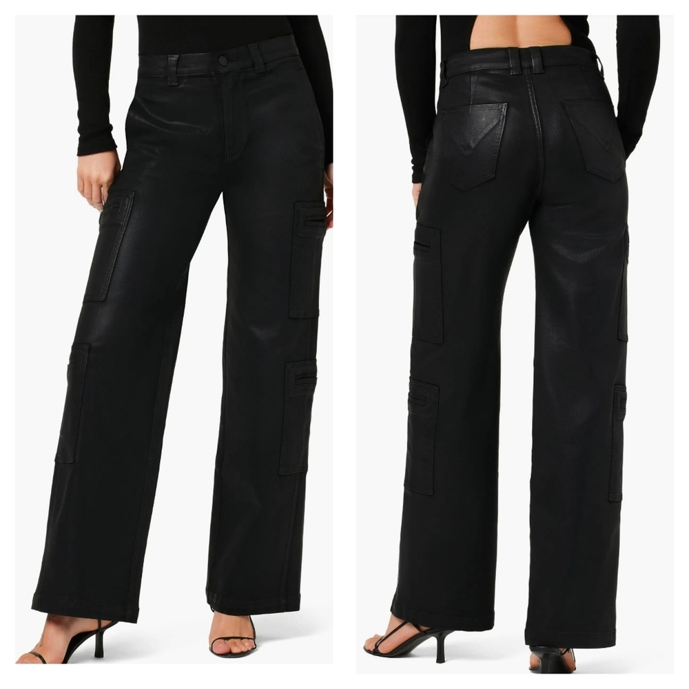 Coated Wide Leg Cargo Jeans by Hudson, Black Leather Effect, High Waist, EUC!